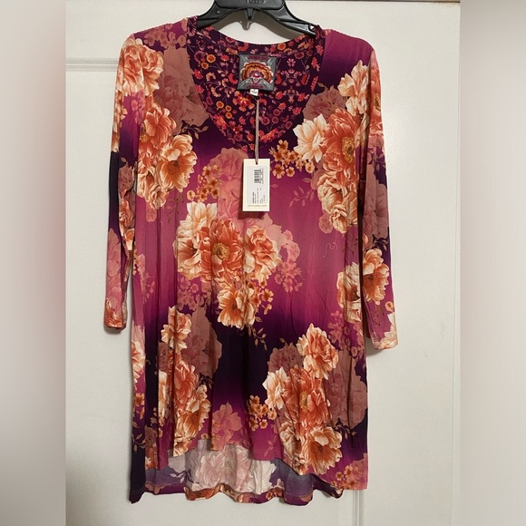 Johnny Was Carina V neck swing tunic top vibrant pink floral print soft stretchy - Picture 2 of 4